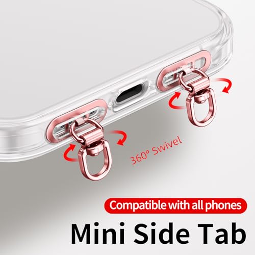 saxsion Side-Mount Phone Tether Tab, Metal Lanyard Patch, 360° Swivel Clip, 304 Stainless Steel, Won't Block Charging Port - color: Rose Gold*4