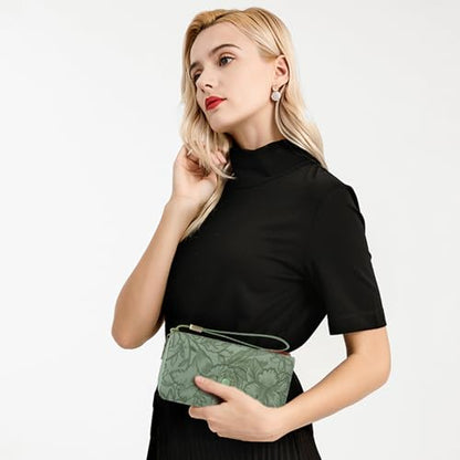 SENDEFN Women's Credit Card Holder RFID Blocking Zip Around Leather Wallet Large Capacity Long Purse with Wristlet - color: Green