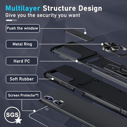 Janmitta Compatible with Moto G Power 5G 2024 Case Built in Slide Camera Lens Cover+Screen Protector+Finger Ring Holder Kickstand,Heavy Duty Shockproof Full Body Protective Phone Cover,Black - color: Black, size: Moto G Power 5G(2024)