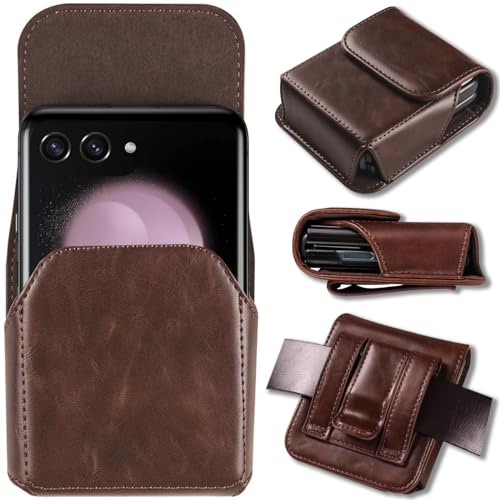 NINKI Moto Razr 2026 Phone Holster for Motorola Razr+ 2025/2024,Galaxy Z Flip 8 Belt Cover Mens Leather Moto Razr 2025 Case Pouch Z Flip 8 Waist Holder for Samsung Z Flip 7 Holster Razr 2026,Coffee - color: Coffee