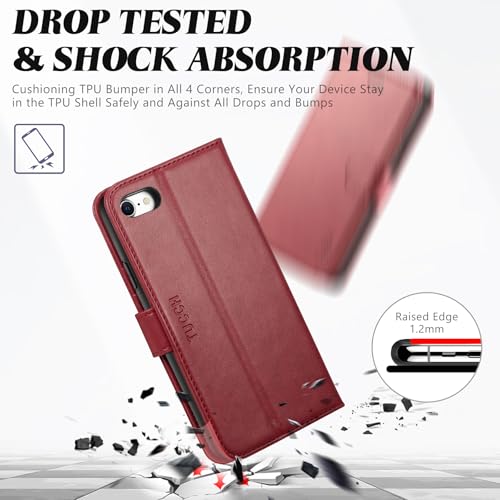 TUCCH Wallet Case for iPhone SE 2022/SE 2020/iPhone 8/7 (4.7"), Dark Red | 3 Card Holders, Kickstand, PU Leather, Shockproof TPU Shell, Magnetic Closure, Protective Folio Cover - color: Dark Red
