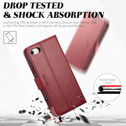 TUCCH Wallet Case for iPhone SE 2022/SE 2020/iPhone 8/7 (4.7"), Dark Red | 3 Card Holders, Kickstand, PU Leather, Shockproof TPU Shell, Magnetic Closure, Protective Folio Cover - color: Dark Red