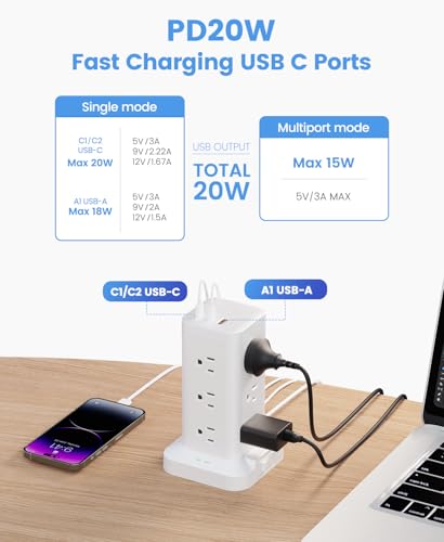 12AC 3USB Power Strip Tower Surge Protector 1800J, 15ft, White, 1 - color: White, size: 15ft
