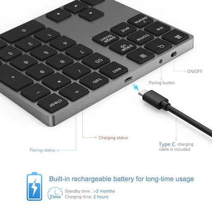 Lekvey Bluetooth Number Pad, Aluminum Rechargeable Wireless Numeric Keypad - color: Bluetooth - Black