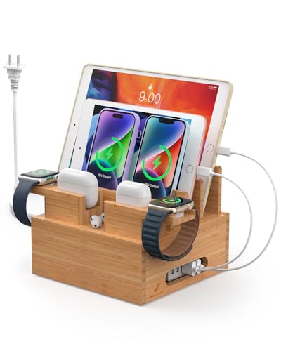 Pezin & Hulin Bamboo Phone Charging Station with 5-Port Charger & 5 Cables - color: Dock Rack+Cables+Charger