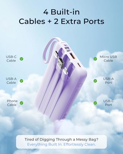 VRURC Portable Charger 4-Built-in-Cable Fast Charging 20000mAh Power Bank - color: Purple