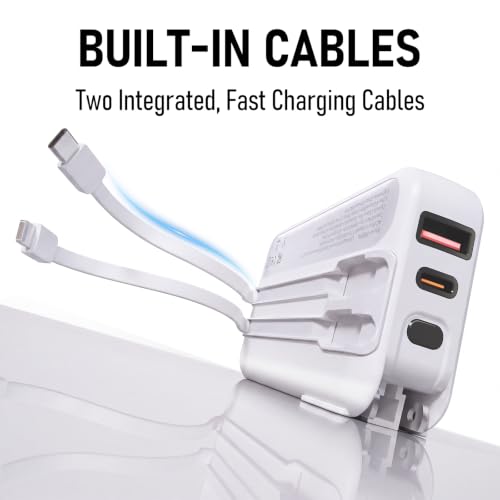 Portable Charger with Built-in Wall Plug, 10000mAh Power Bank with Built-in USB-C and Lightning Cables, 22.5W Fast Charging Battery Pack for iPhone and Samsung and Travel - color: White