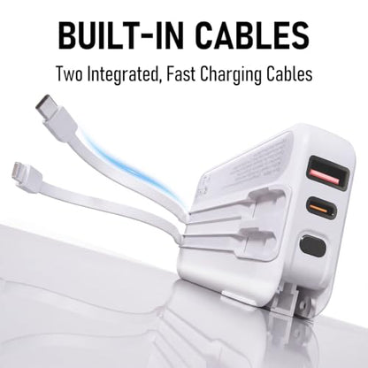 Portable Charger with Built-in Wall Plug, 10000mAh Power Bank with Built-in USB-C and Lightning Cables, 22.5W Fast Charging Battery Pack for iPhone and Samsung and Travel - color: White