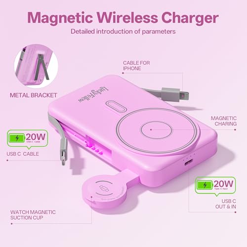 Magnetic Portable Charger Built-in Cables,10000mAh Fast Charging Wireless Charger Station External Battery Pack Slim Pocket Size Power Bank with Stand Compatible with iWatch, iPhone - color: Purple