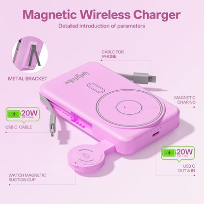 Magnetic Portable Charger Built-in Cables,10000mAh Fast Charging Wireless Charger Station External Battery Pack Slim Pocket Size Power Bank with Stand Compatible with iWatch, iPhone - color: Purple
