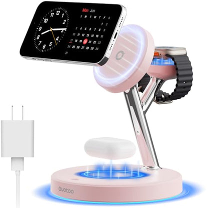 3 in 1 Mag-Safe Wireless Charger Stand for iPhone Apple Watch AirPods - color: Pink