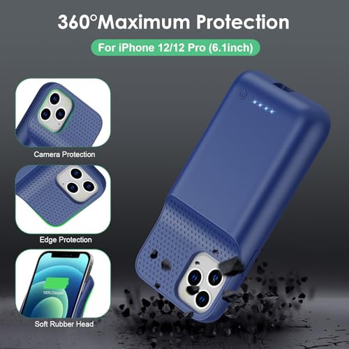 Battery Case for iPhone 12/12 Pro,[2025 Upgraded] 10800mAh Ultra-Slim Portable Extended Charger Case Cover for iPhone 12/12 Pro Charging Case (6.1 Inch)-Blue - color: Blue
