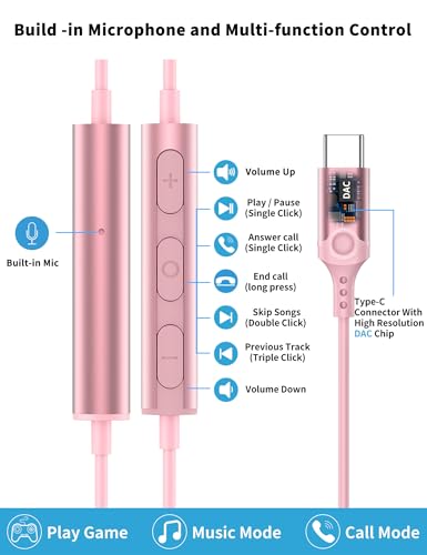 USB C Headphone for Samsung S26 S25 FE S24 A16 A17 Z Wired Earbuds Magnetic - color: Pink