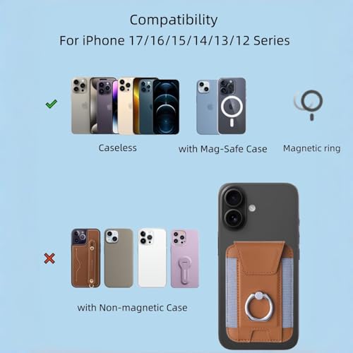 Magnetic Card Wallet Holder For Magsafe Wallets with Grip, 7 Cards Holder RFID Blocking, Ring Stand Stick on Wallet, Leather Magnetic Phone Wallet with Privacy Flap - color: brown elastic circular support