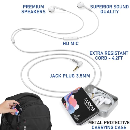 LUDOS FEROX Wired Earbuds in-Ear Headphones, 5 Year Warranty, Earphones with Microphone, Noise Isolation Corded for 3.5mm Jack Ear Buds for iPhone, Samsung, Computer, Laptop, Kids, School Students - size: 1 Pack