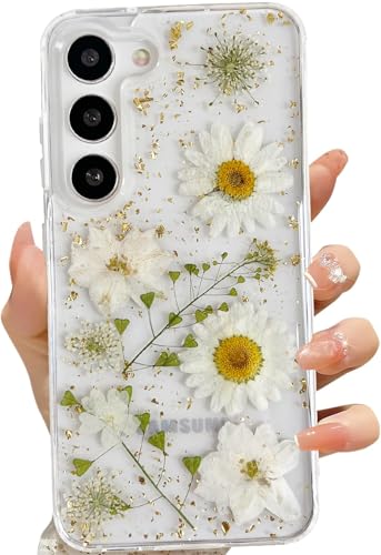 LSEEKA for Samsung Galaxy S23 FE Clear Case with Pressed Real Dried White Flower Design,Transparent Glitter Cute Floral Slim Soft TPU Protective Phone Cover for Samsung Galaxy S23 FE - color: White Gold, size: for Samsung Galaxy S23 FE