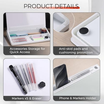 TOWON Compact Glass Desktop Whiteboard with Storage 12x7 in, White - color: White