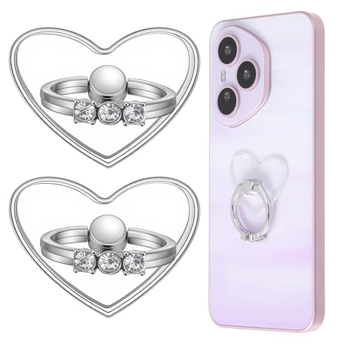 2 Pack Cell Phone Finger Ring Stand with Sparkly Diamond, Heart Clear Phone Grip, Transparent Adjustable Anti Drop Heart Shape Ring Holder 360° Rotation Finger Stand for Smartphones and Tablets