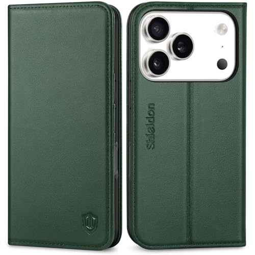 SHIELDON Genuine Leather Wallet Case for iPhone 17 Pro 6.3" 2025, Evergreen | RFID Blocking, Credit Card Holder, Magnetic Closure, Kickstand, Folio Design, Full Protection, Shockproof Phone Cover - color: Evergreen