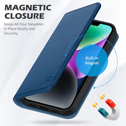 SHIELDON Genuine Leather Case Wallet for iPhone 14 6.1" 2022, Royal Blue | Magnetic Closure, RFID Blocking, Credit Card Slot, Kickstand, Flip Book Design, Shockproof Phone Cover - color: Royal Blue
