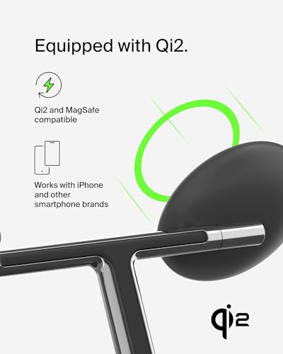 Belkin Qi2 15W Magnetic Wireless Charging Stand, 3 in 1 Fast Charger - color: Black