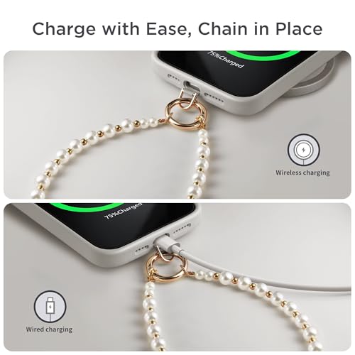 POSADINA Phone Charm for Women, Anti-Theft Phone Wrist Strap, Hands-Free & Beaded Chain, Detachable Lanyard with Tether Tab - color: Pearl Shine Gold