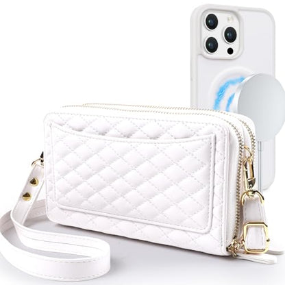 Harryshell Compatible with iPhone 16 Pro Max Case Wallet Multi Zipper Detachable Removable Cover Purse with RFID Blocking Card Slots Holder Mirror Crossbody Strap (Compatible with Magsafe - White) - color: Compatible with Magsafe - White, size: iPhone 16