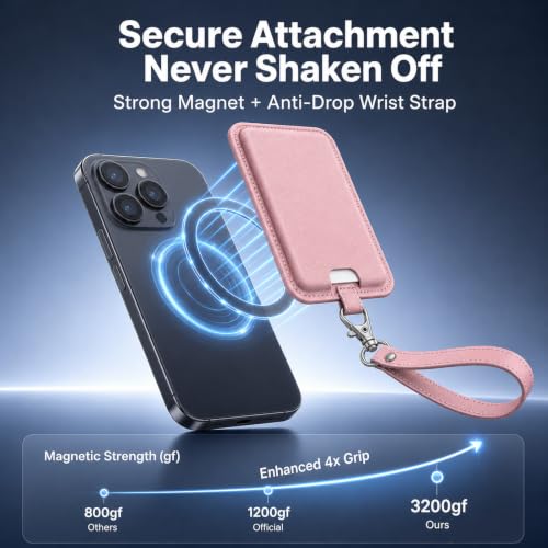 MagSafe Wallet with Wrist Strap, 3 Card Holder with RFID Blocking, MagSafe Sticker Included, Slim Magnetic Phone Wallet for iPhone 17e/17/16/15/14/13/12 Series and Selected Samsung Devices - color: Pink