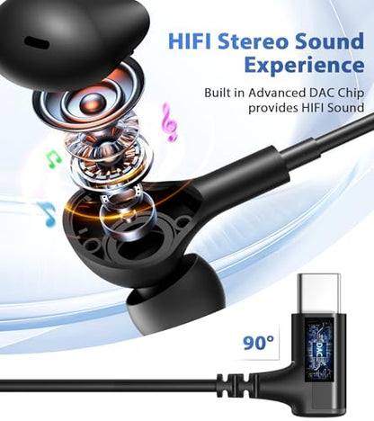 USB C Headphones with Case & Mic Wired Earbuds 90° Angled for Apple Android - color: Black