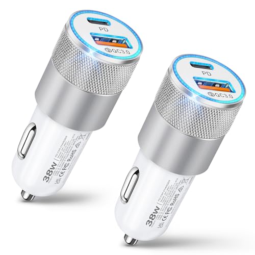 Car Charger, 2 Pack 38W Dual-Port USB-C & USB-A Cigarette Lighter Adapter - color: 2-Pack White
