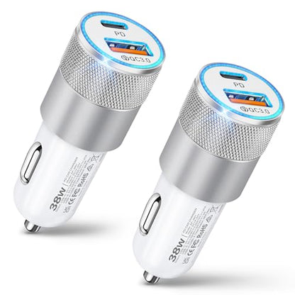 Car Charger, 2 Pack 38W Dual-Port USB-C & USB-A Cigarette Lighter Adapter - color: 2-Pack White