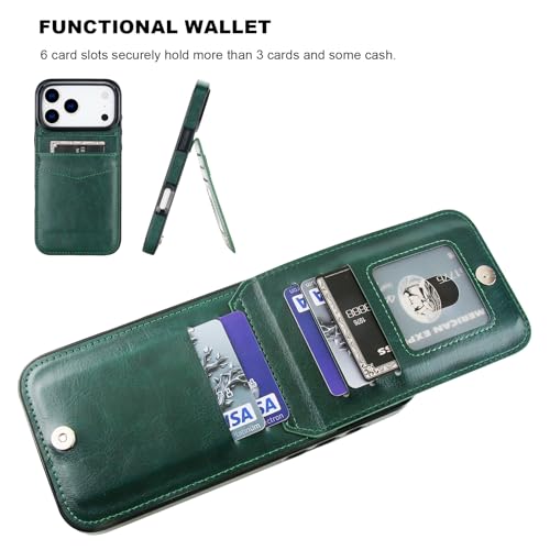 KIHUWEY for iPhone 17 Pro Max Wallet Case Card Holder Kickstand, Dark Green | Credit Card Slots, PU Leather, Magnetic Clasp, Flip Heavy Duty Protection Cover for Men - color: Dark Green