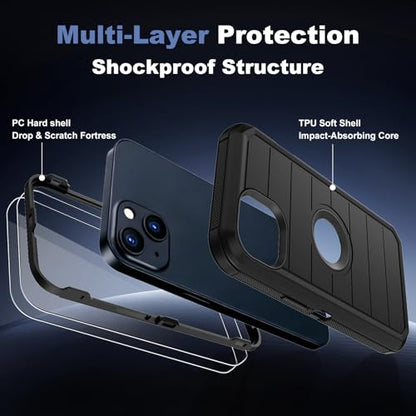 for iPhone 14 Case & iPhone 13 Case, Military-Grade Drop Protection 3-Layer Rugged Shell with Screen Protector, Full-Body Non-Slip Shockproof Heavy Duty Protective Bumper Phone Cover (Black) - color: Black