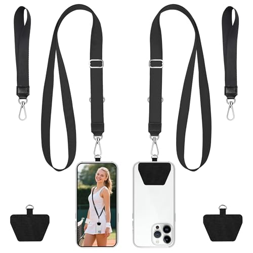 takyu Phone Lanyard, 2 Pack Adjustable Anti-Drop Neck/Wrist Strap with 2 Pcs Tether Patches, Secure Hands-Free Compatible for iPhone Samsung Perfect for Nurses, Teachers, Travel, Hiking Black - color: Black + Black