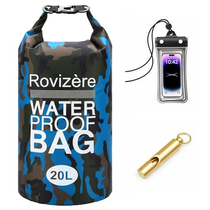 20L Waterproof Dry Bag, Camouflage Blue | Roll Top with Reflective Strip, Phone Pouch & Emergency Whistle, Backpack with Shoulder Strap, Lightweight Heavy Duty - color: Camouflage blue, size: 20L