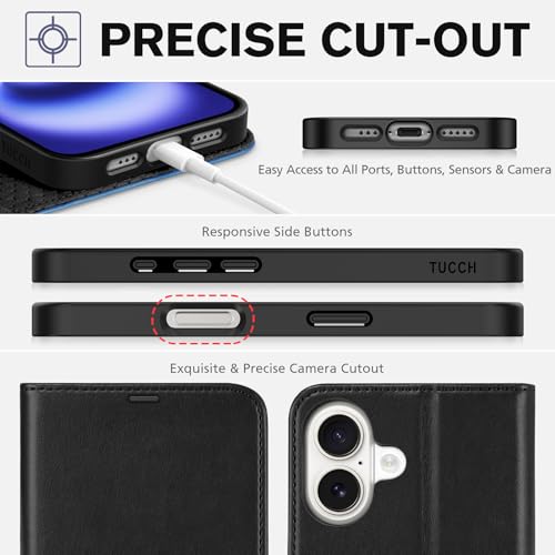 TUCCH Case Wallet for iPhone 16 (6.1"), RFID Blocking, Black & Light Blue | 4 Card Holders, Kickstand, PU Leather, Magnetic Closure, Shockproof TPU Shell, Protective Flip Cover - color: Two-tone Black & Light Blue