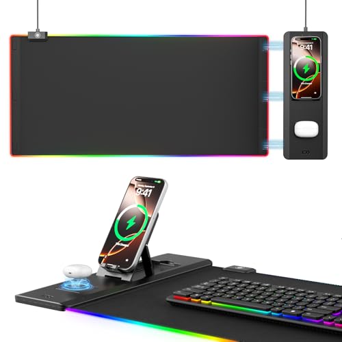 KDD RGB Mouse Pad with Wireless Charging - Desk Mat with Phone Holder and 15W Fast Charger - Gaming Mousepad with Ultra-Smooth Surface, Non-Slip Base - Keyboard Mat for Home Office Gamer Accessories - size: Large
