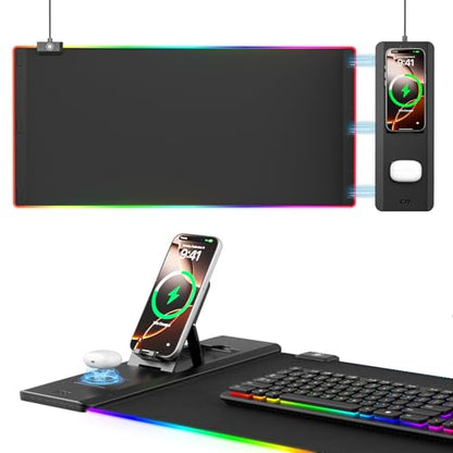 KDD RGB Mouse Pad with Wireless Charging - Desk Mat with Phone Holder and 15W Fast Charger - Gaming Mousepad with Ultra-Smooth Surface, Non-Slip Base - Keyboard Mat for Home Office Gamer Accessories - size: Large