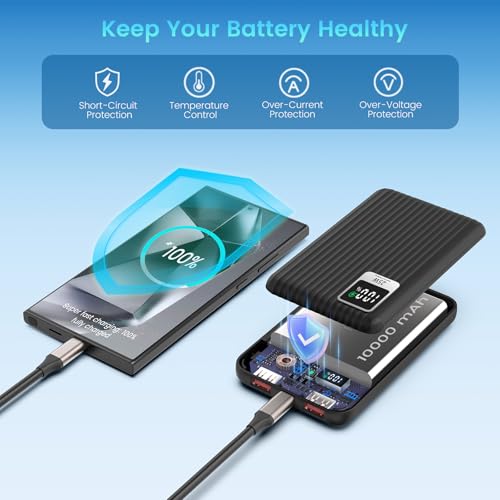 25W Super Fast Charging Portable Charger 10000mAh Power Bank,Built in Cable
