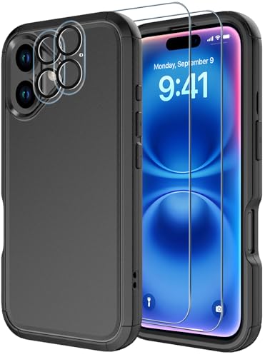 Diverbox for iPhone 16 Case [Shockproof] [Dropproof] [Tempered Glass Screen Protector + Camera Protectors] Heavy Duty Protection Phone Case Cover for Apple iPhone 16 (Black) - color: Black, size: For iphone 16