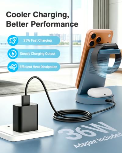 25W MagSafe Charging Station, 3-in-1 Magnetic Wireless Charger for Apple - color: Navy Blue