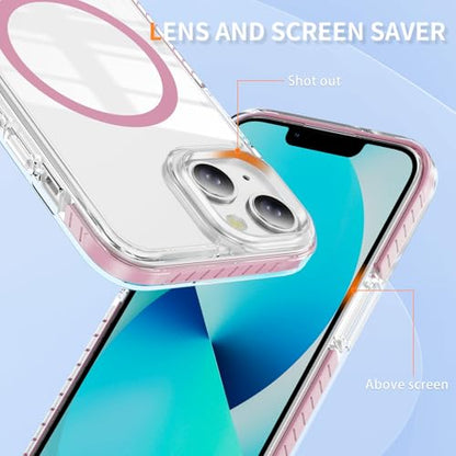 DEERLAMN Magnetic Clear Case for iPhone 13/iPhone 14 6.1-Inch, [Compatible with Magsafe][Anti-Yellowing] Transparent Slim Shockproof Protective Phone Cover, Pink - color: Pink, size: iPhone 13/14-6.1 Inch