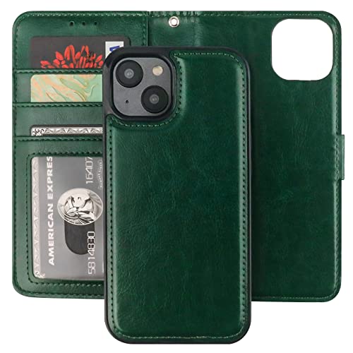 Bocasal Detachable Wallet Case Card Holder for iPhone 14, Green | RFID Blocking Kickstand Card Slots Holder PU Leather Magnetic Shockproof Wrist Strap Removable Flip Protective Cover 6.1 inch - color: Green