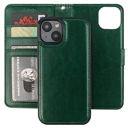 Bocasal Detachable Wallet Case Card Holder for iPhone 14, Green | RFID Blocking Kickstand Card Slots Holder PU Leather Magnetic Shockproof Wrist Strap Removable Flip Protective Cover 6.1 inch - color: Green