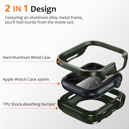 Amizee 2 in 1 Metal Rugged Case Compatible with Apple Watch SE 3/2/1 Series 6/5/4 44mm, Aluminum Shockproof Protective Bumper Cover for iWatch 44mm, Army Green - color: Army Green, size: 44mm