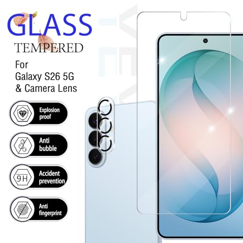 Galaxy S26 Screen Protector + Camera Lens Protector, [2 +2 Pack] [Ultrasonic Fingerprint Unlock] [Case Friendly] Full Coverage Tempered Glass Screen Protector For Samsung Galaxy S26 - size: Galaxy S26