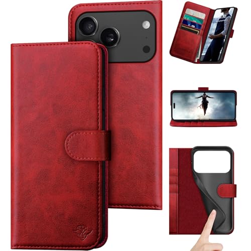 DuckSky Compatible with iPhone 17 Pro Max 6.9" Genuine Leather Wallet case【RFID Blocking】【4 Credit Card Holder】【Real Leather】 Flip Phone case Cover Women Men for Apple 17 Pro Max case Red - color: Red