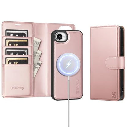 Shieldtop Compatible with MagSafe iPhone 17e / 16e Wallet Case,Rose Gold | 2 in 1 Detachable Magnetic,Credit Card Holder Slots,RFID Blocking,PU Leather,Kickstand,Flip Folio Phone Cover for Men & Women - color: Rose Gold