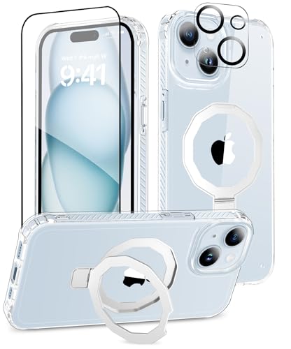 Magnetic for iPhone 15 Case Built-in Seamless Stand, Clear | with Screen Protector + Camera Lens Protector, [Compatible with MagSafe] Protective Shockproof Slim Phone Case - color: Clear, size: iPhone 15 6.1"