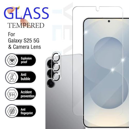 Galaxy S25 Tempered Glass Screen & Lens Protector 2+2 Pack HD Clear | [Ultrasonic Fingerprint Unlock] [Case Friendly] [Bubble-Free] - size: Galaxy S25